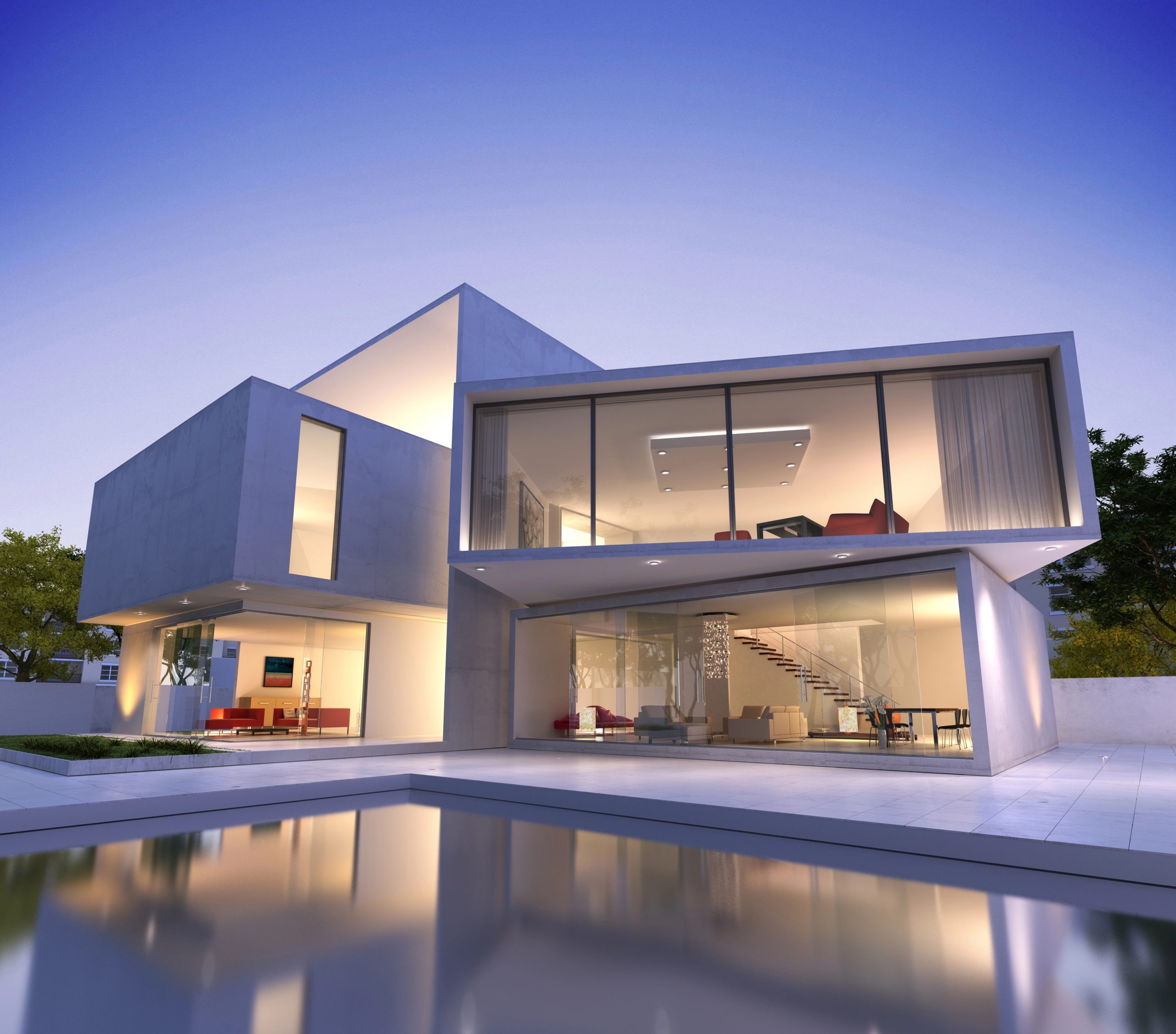 Modern luxury home with sleek architecture, floor-to-ceiling glass windows, and an illuminated pool reflecting the house at dusk.