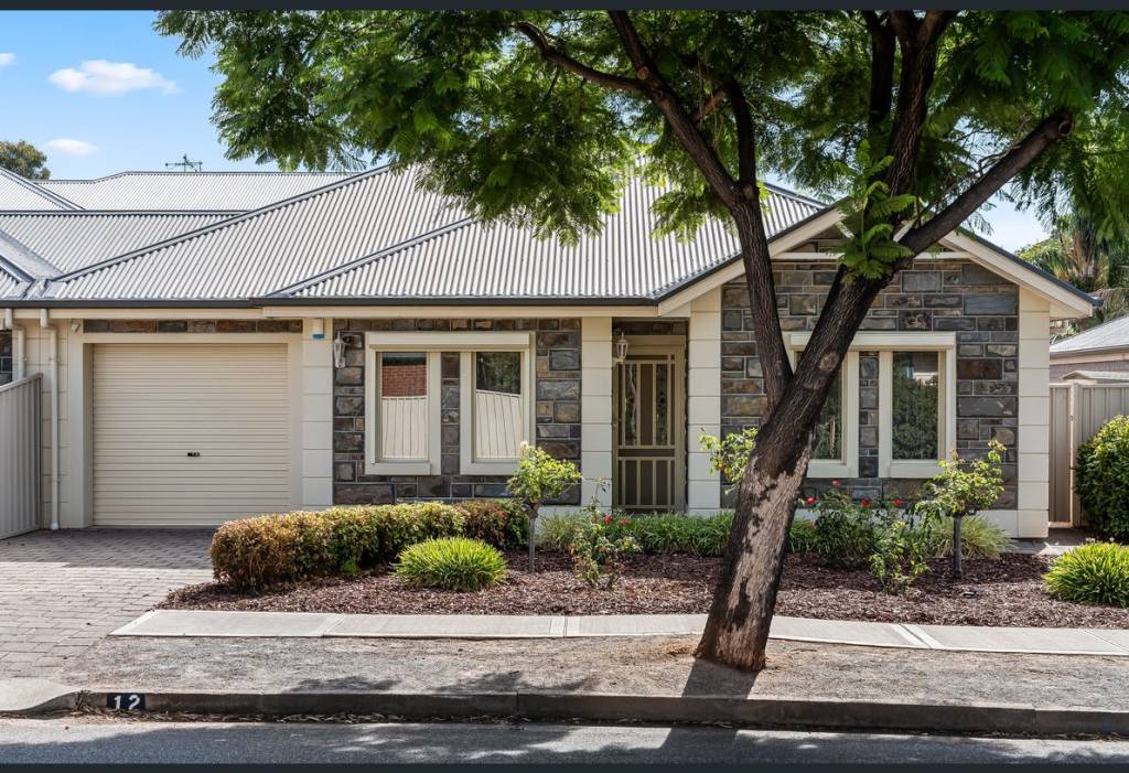 Modern stone-fronted home in Seacombe Gardens, SA, with manicured gardens, single garage, wide frontage and low-maintenance landscaping.