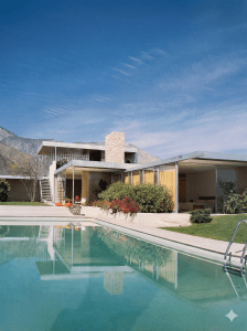 Mid-century modern Kaufmann Desert House with pool and mountain backdrop under clear blue sky.